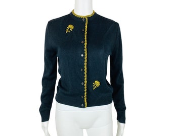 Vintage 1960s Gold Floral Cardigan Black Orlon Acrylic Sweater | B 36"