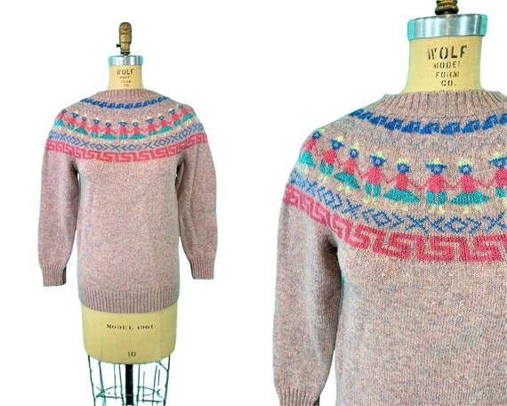 Vintage 1980s Pink Sweater Fair Isle People Metal… - image 1