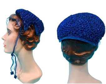 Vintage 1950s Sequin Hat Bright Blue Chin Strap Cap