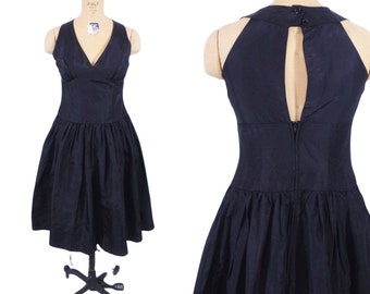Vintage 1980s Halter Taffeta Dress Black Full Skirt Cocktail | W 29"