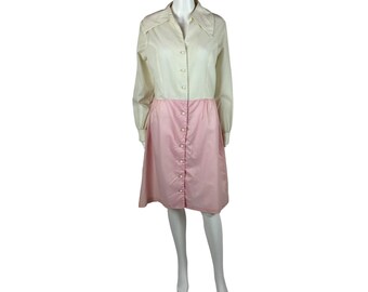 Vintage 60s Shirt Dress Women's Large Pink Cream Adorable Dotted Swiss