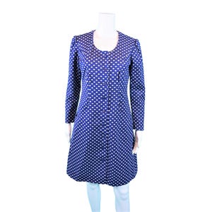Vintage 70s Mod Dress Womens Small Blue Polka Dot Long Sleeve Polyester Mini