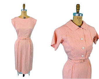 Vintage 1950s Seersucker Dress Striped Coral Top Set Outfit Spring Dapper | W 26"