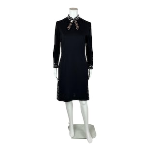 Vintage 60s Studded Dress Women&#39;s Extra Small Black Wool Silver Bow Neck Mod Shift