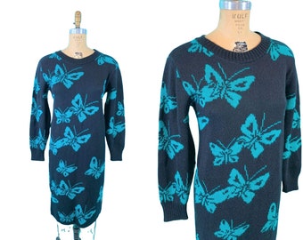 Vintage 1980s Sweater Dress Turquoise Butterfly Knit | B 38"