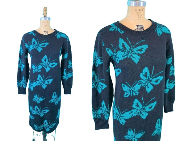 Vintage 1980s Sweater Dress Turquoise Butterfly Knit | B 38"