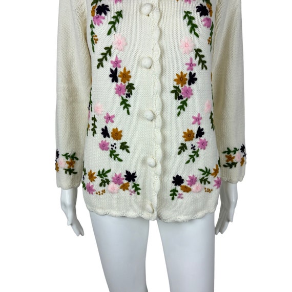 Vintage 60s Floral Cardigan Embroidered Cream Mul… - image 5