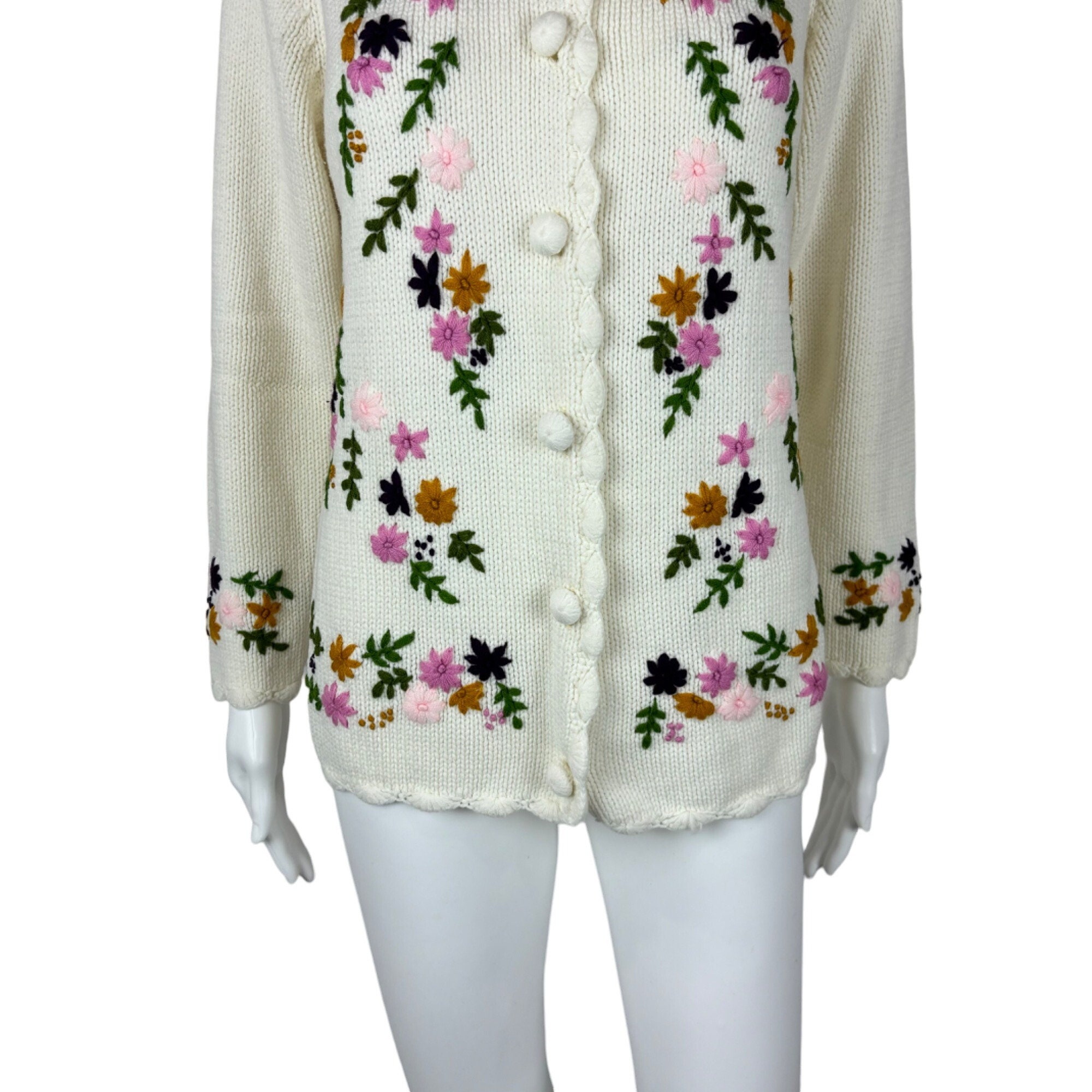 Vintage 60s Floral Cardigan Embroidered Cream Multi Color Acrylic
