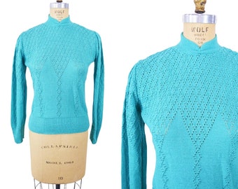 vintage 1980s Teal Knit Sweater DEADSTOCK High Neck Pullover | L 22"+