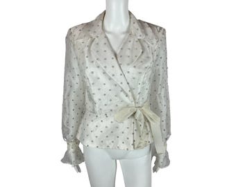 Vintage 90s Evening Top Women's Medium Dressy White Silver Glitter Polka Dots Peplum Blouse