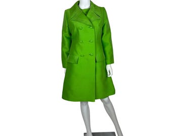 Vintage 60s Dress Suit Womens Small Green Silk Chiffon Sleeves Matching Coat Sheath Outfit