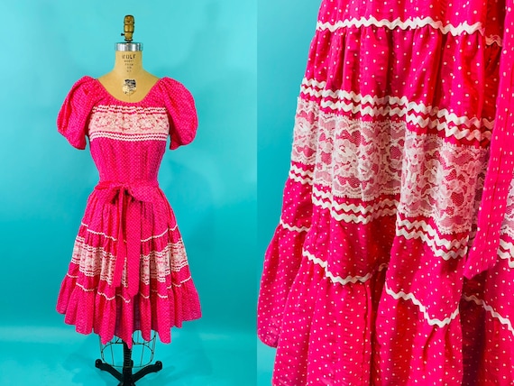 Vintage 1960s Polka Dot Dress | Hot Pink Square Da