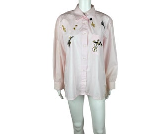 Vintage 90s Retro Shirt Women's Medium Rock Around The Clock Pink Striped 50s Inspired Embroidered Blouse