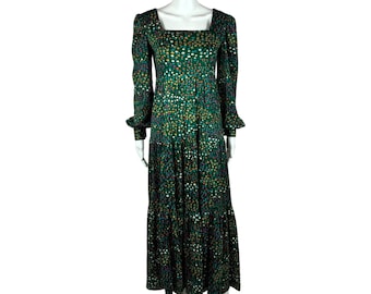 Vintage 70s Maxi Dress Women's Small Forest Green Multicolored Long Sleeves Cottagecore
