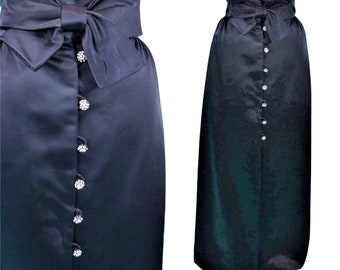 Vintage 1960s Maxi Skirt Black Satin Bow Waist Rhinestone Buttons | W 28"