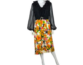 Vintage 60s Party Dress Womens M Black Ruffled Sheer Sleeve Chiffon Blouse With Neon Floral Print Skirt