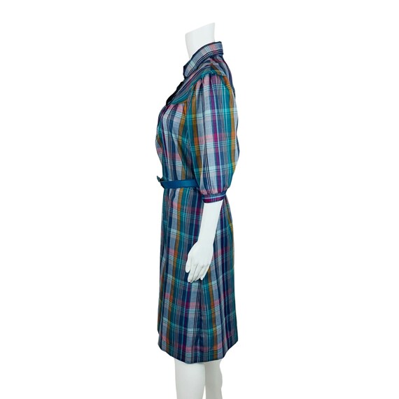 Vintage 1980s Purple Plaid Dress Blue Belted Shea… - image 7