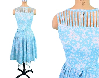 Vintage 1950s Sun Dress Caged Bodice Aqua Floral Sue Brett | W 26"