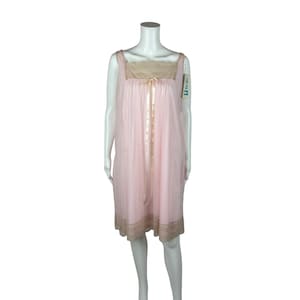 Vintage 60s Pink Nightie Women&#39;s Extra Large DEADSTOCK Chiffon Babydoll Nightgown Glam