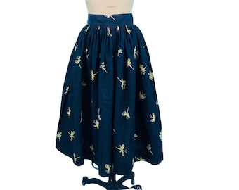 Vintage 1950s Dragonfly Skirt Black Yellow Novelty Print Skirt | W 24"