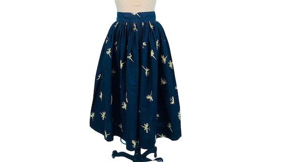 Vintage 1950s Dragonfly Skirt Black Yellow Novelt… - image 1