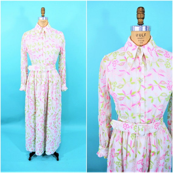 Vintage 1970s Maxi | Embroidered Pink Lime Green B