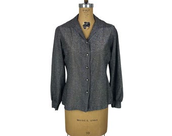 Vintage 70s Lame Shirt Womens M Black Silver Metallic Long Sleeve Button Up Top