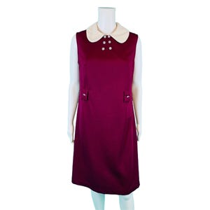 Vintage 60s Mod Dress Womens Medium Maroon Peter Pan Collar Shift