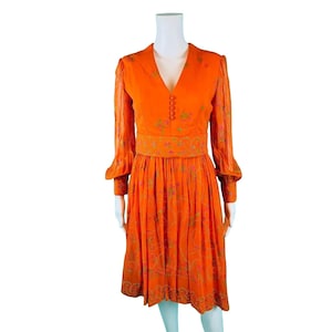 Vintage 60s Party Dress Womens Small Orange Sheer Sleeves Hand Painted Floral