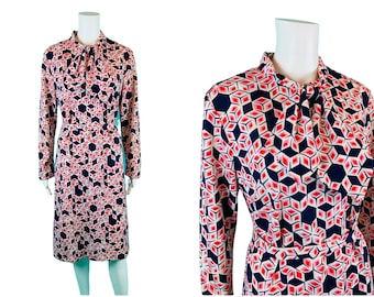 Vintage 1970s Ascot Dress Pink Cube Print Long Sleeves B Altman | W 40"