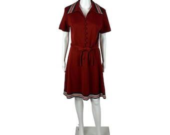 Vintage 70s Mini Dress Womens Medium Mod Burnt Orange Striped Babydoll