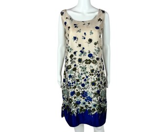 Vintage 60s Floral Dress Women's Small Blue Border Print Acetate Thin Shift