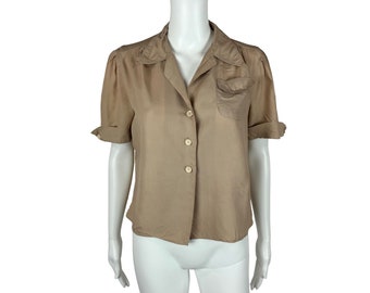 Vintage 40s Shirt Women's Medium Tan Khaki Button Up Blouse Bust Pocket Top