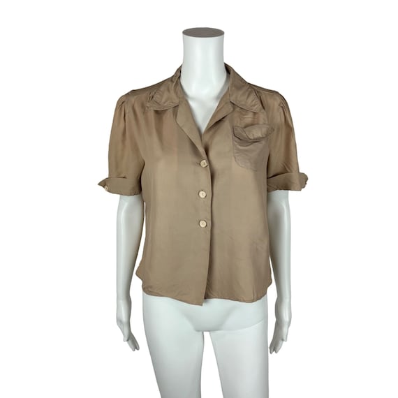 Vintage 40s Shirt Women's Medium Tan Khaki Button… - image 1