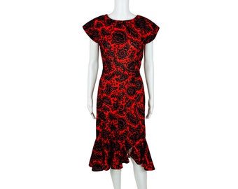 Vintage 80s Does 50s Dress Red Floral Hourglass Marilyn Avon W 27"+
