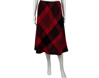 Vintage 80s Tartan Skirt Women's Medium Red Plaid Wool Blend A Line Stretch Waist Academia