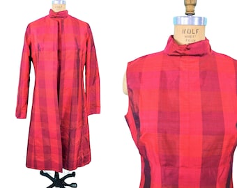 Vintage 1960s Dress Set Mod Hot Pink Red Silk Madras Sheath Set | W 32"