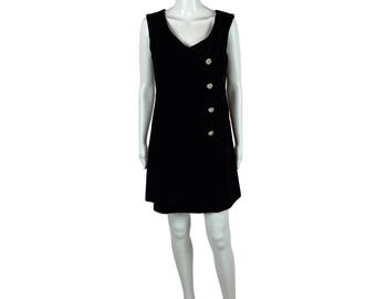 Vintage 60s Cocktail Dress Women's Medium Black Velvet Silver Rhinestone Buttons Mini Shift Mod