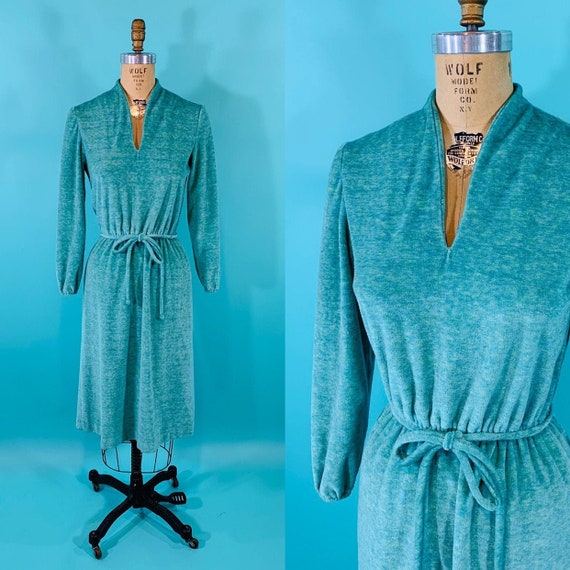 Vintage 1970s Velour Dress | Turquoise V Neck Terr