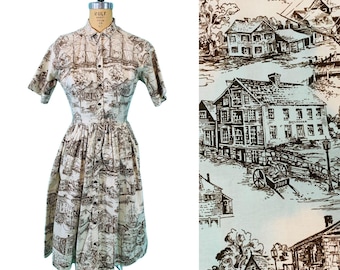Vintage 1950s Novelty Print Dress Scenic Brown Seaside Town Ship Shirtdress | W 27"