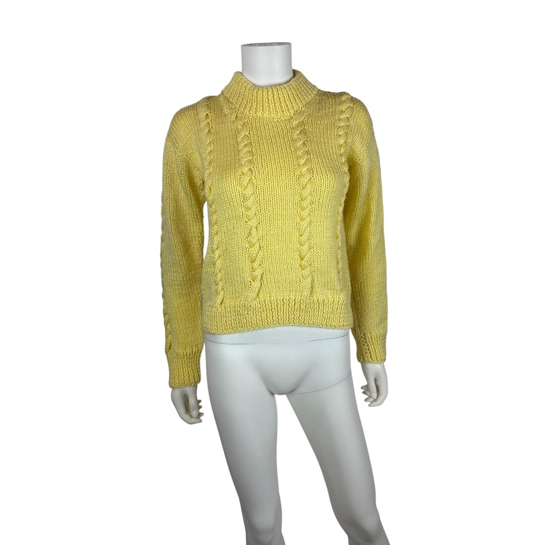 Vintage 80s Cable Knit Sweater Womens M Butter Yellow Mock Neck