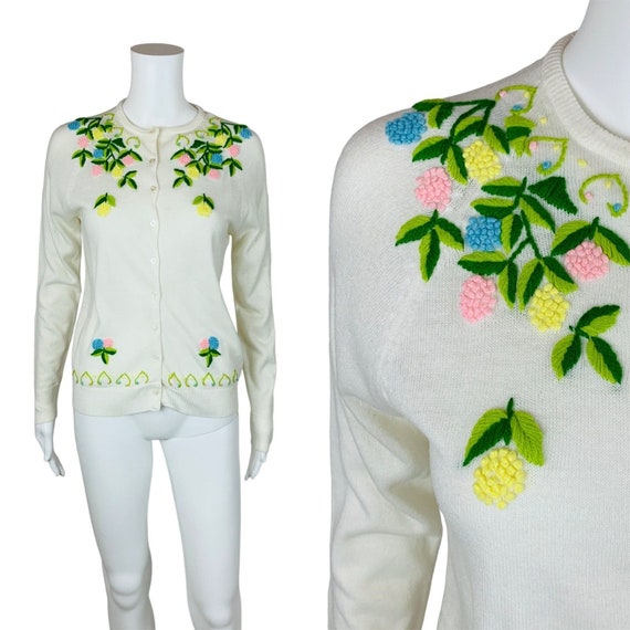 Vintage 60s Floral Embroidered Cardigan Multi Col… - image 1