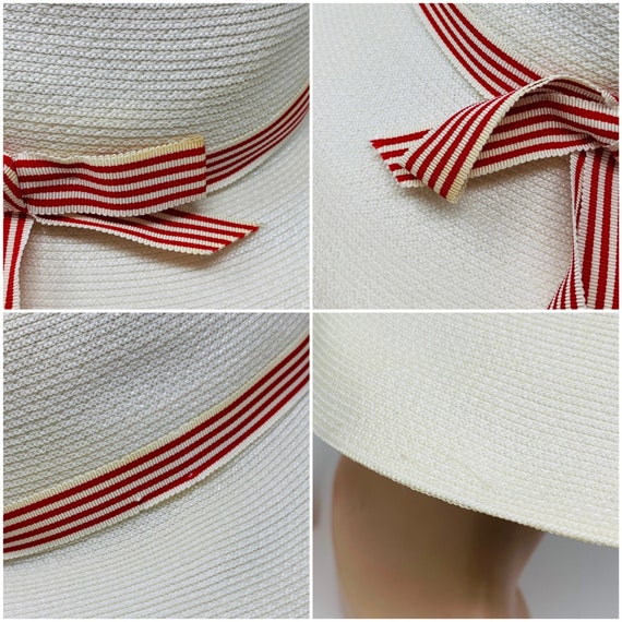 Vintage 1950s White Sun Hat Red Striped Ribbon Ch… - image 10