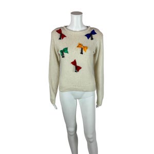 Vintage 80s Bow Sweater Women&#39;s Small Cream Beaded Silk Angora Blend Pullover Granny