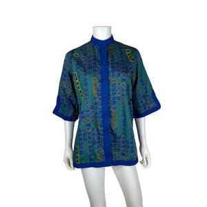 Vintage 50s Hawaiian Shirt Womens Large Blue Metallic Gold Mandarin Collar Tea Timer Top