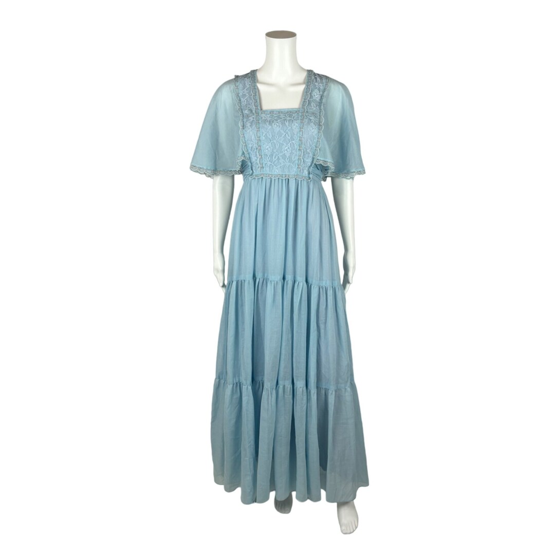 Vintage 70s Prairie Dress Women's Small Blue Lace Maxi Flutter