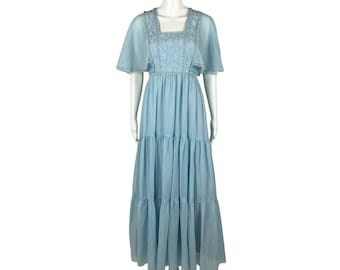 Vintage 70s Prairie Dress Women&#39;s Small Blue Lace Maxi Flutter Sleeves Tiered Skirt