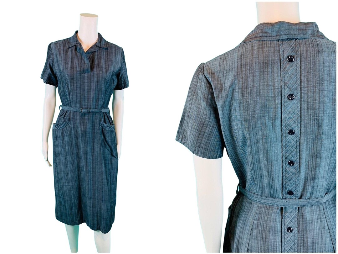 Vintage 1950s Day Dress Blue Black Striped Collar Button Back - Etsy