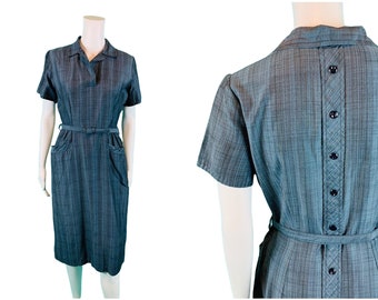 Vintage 1950s Striped Day Dress Blue Black Collar Button Back | W 28"