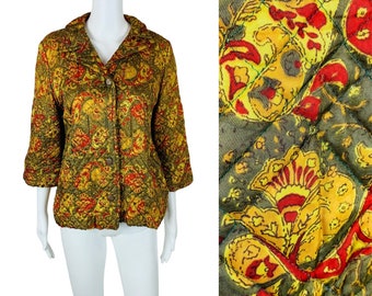 Vintage 60s Quilted Paisley Bed Jacket Red Green Mid Century Lingerie